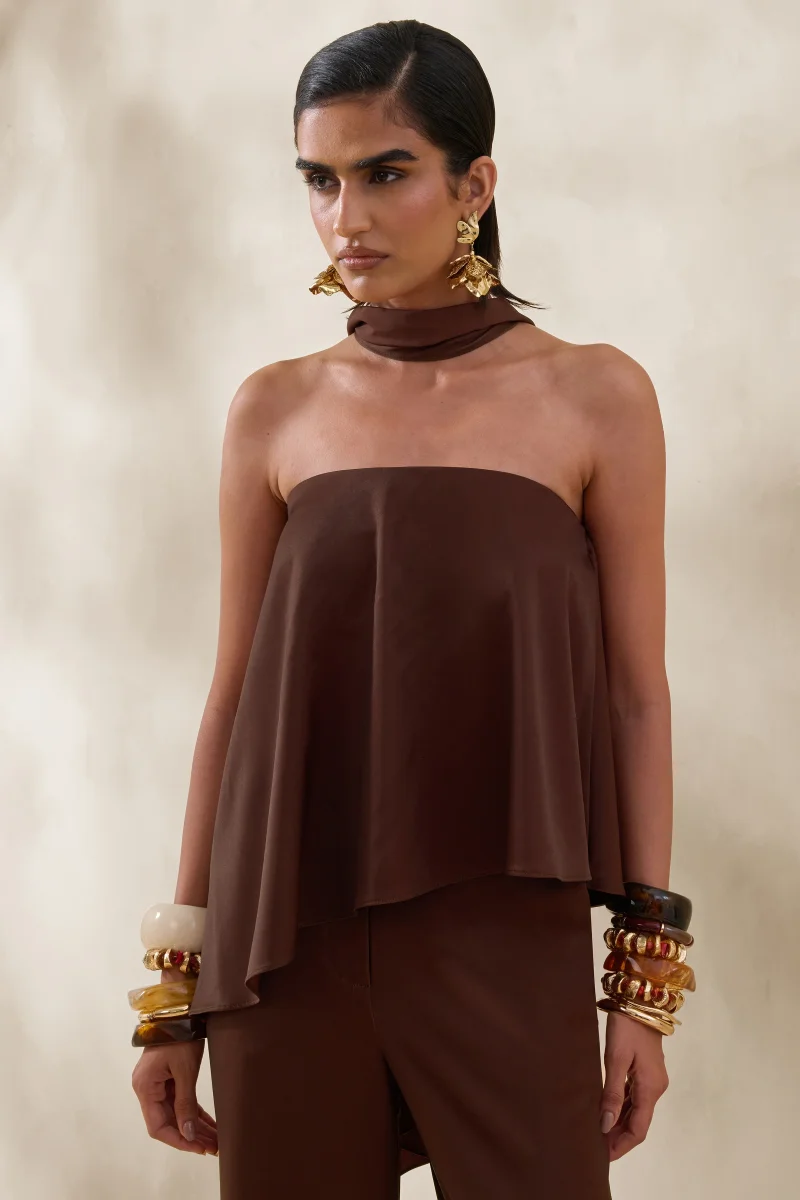 Evandra | Marrón Satén Bandeau Top con Pañuelo