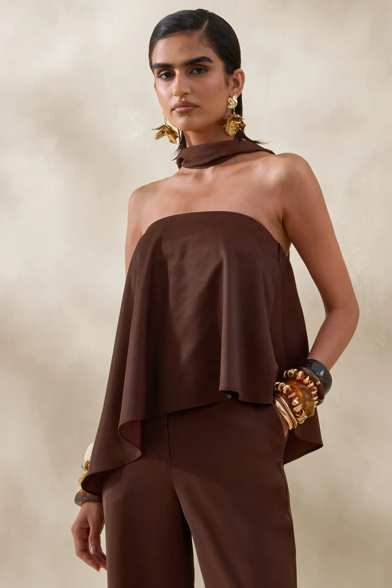 Evandra | Marrón Satén Bandeau Top con Pañuelo - Imagen 5