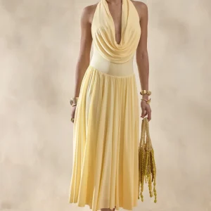 Veyra | Vestido Midi Limón de Escote Cowl Pronunciado