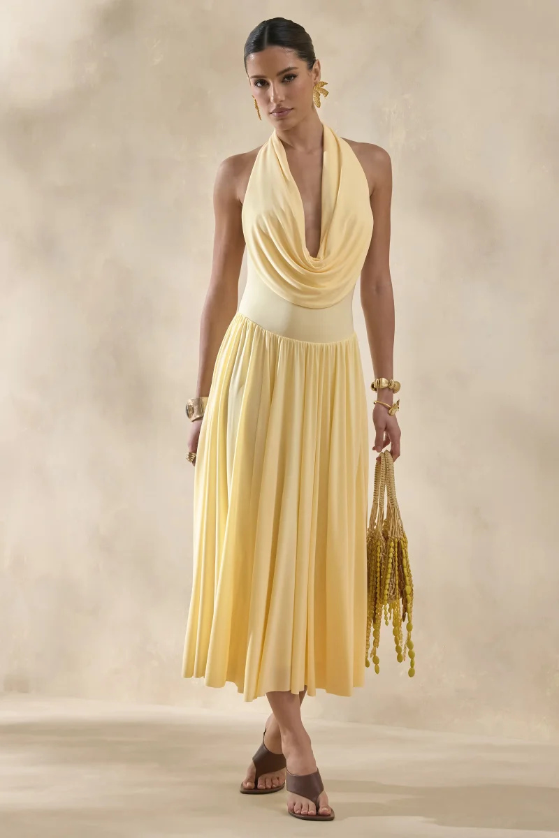 Veyra | Vestido Midi Limón de Escote Cowl Pronunciado