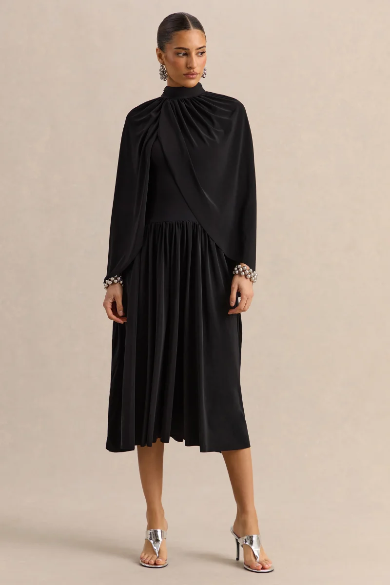 Honora | Vestido Midi Negro de Cuello Alto con Mangas Tipo Capa - Imagen 3