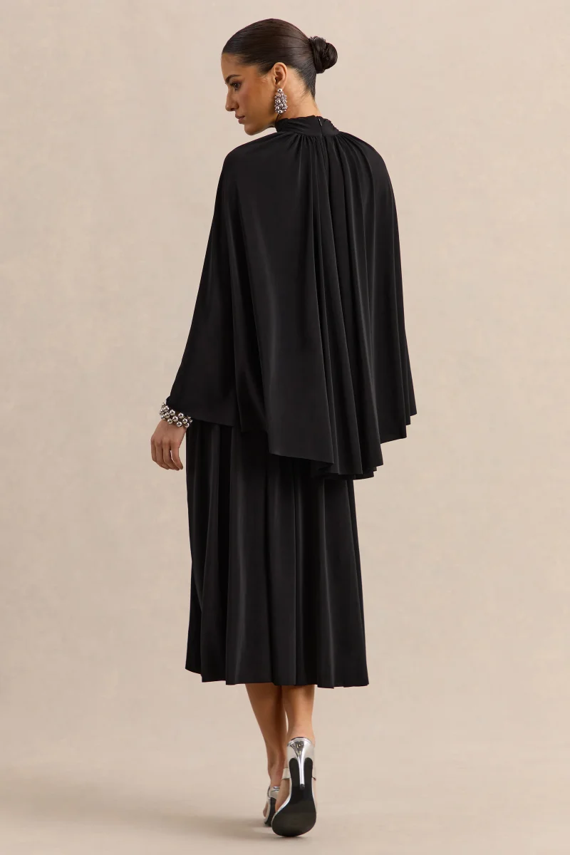Honora | Vestido Midi Negro de Cuello Alto con Mangas Tipo Capa - Imagen 4