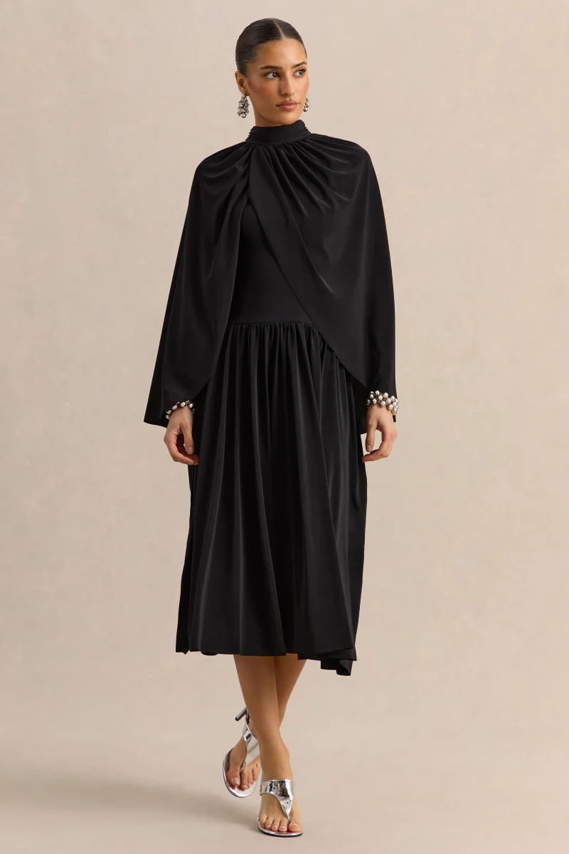 Honora | Vestido Midi Negro de Cuello Alto con Mangas Tipo Capa - Imagen 7