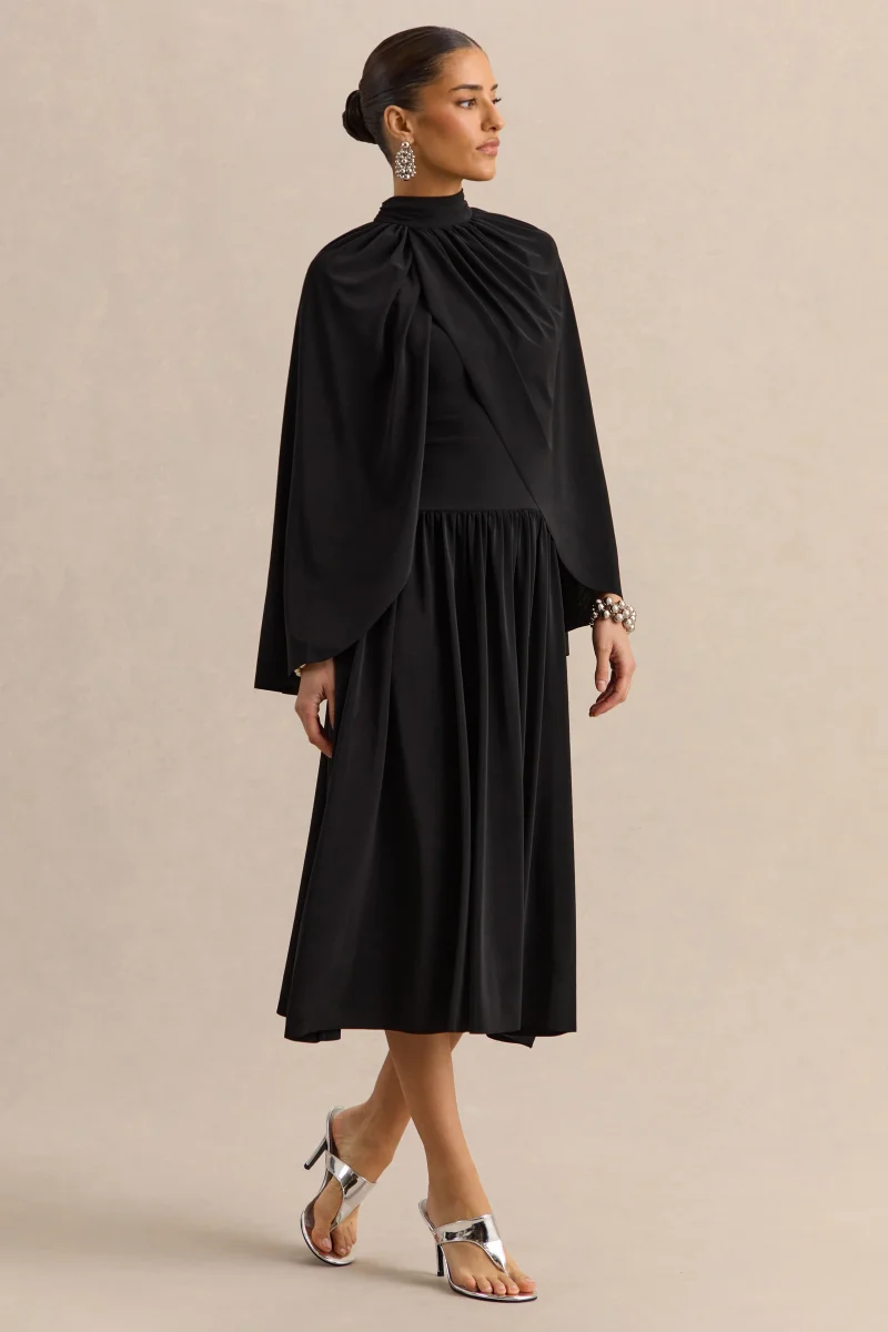 Honora | Vestido Midi Negro de Cuello Alto con Mangas Tipo Capa