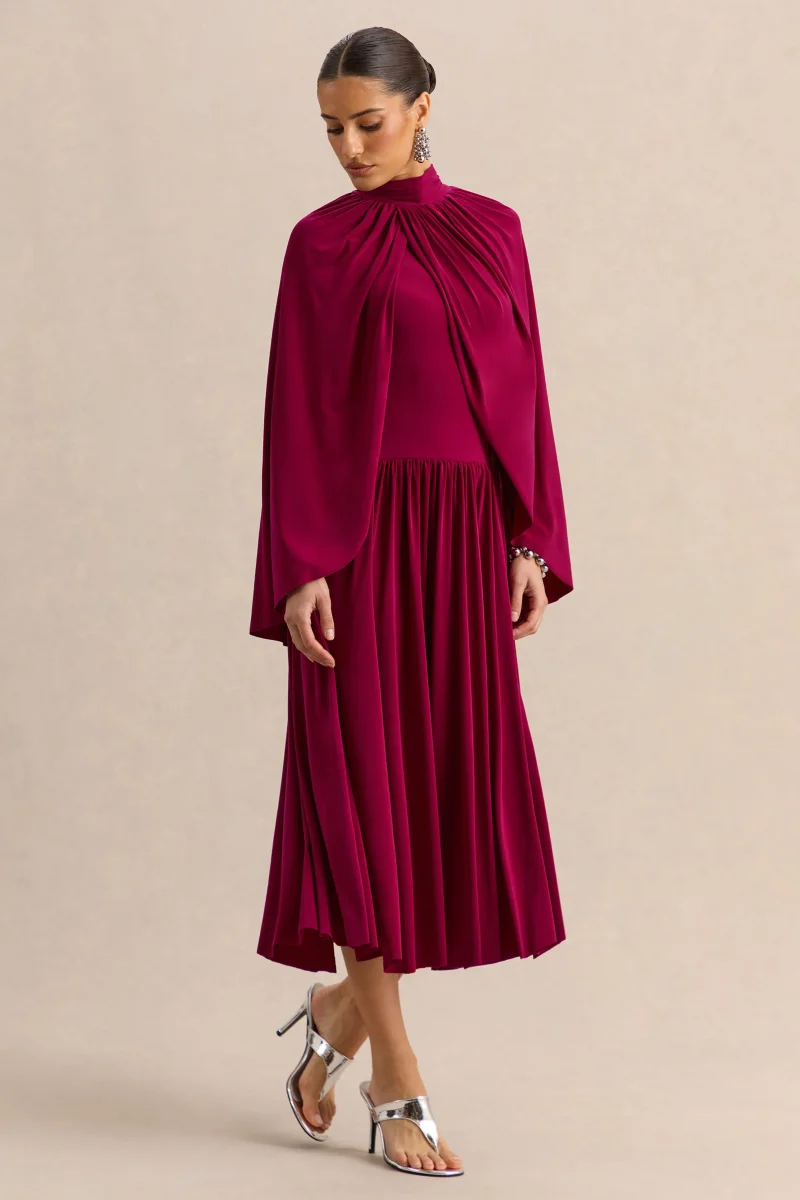 Honora | Vestido midi burdeos de escote alto con mangas tipo capa - Imagen 2