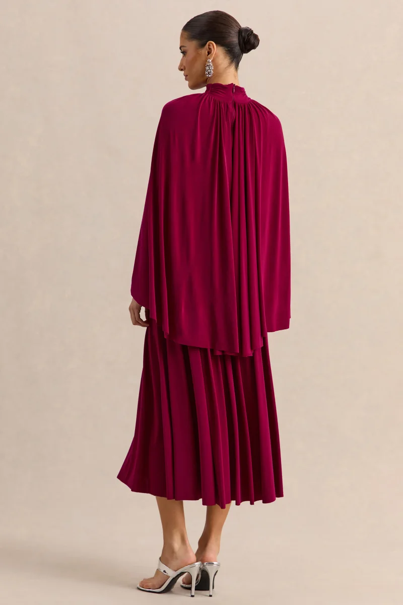 Honora | Vestido midi burdeos de escote alto con mangas tipo capa - Imagen 3