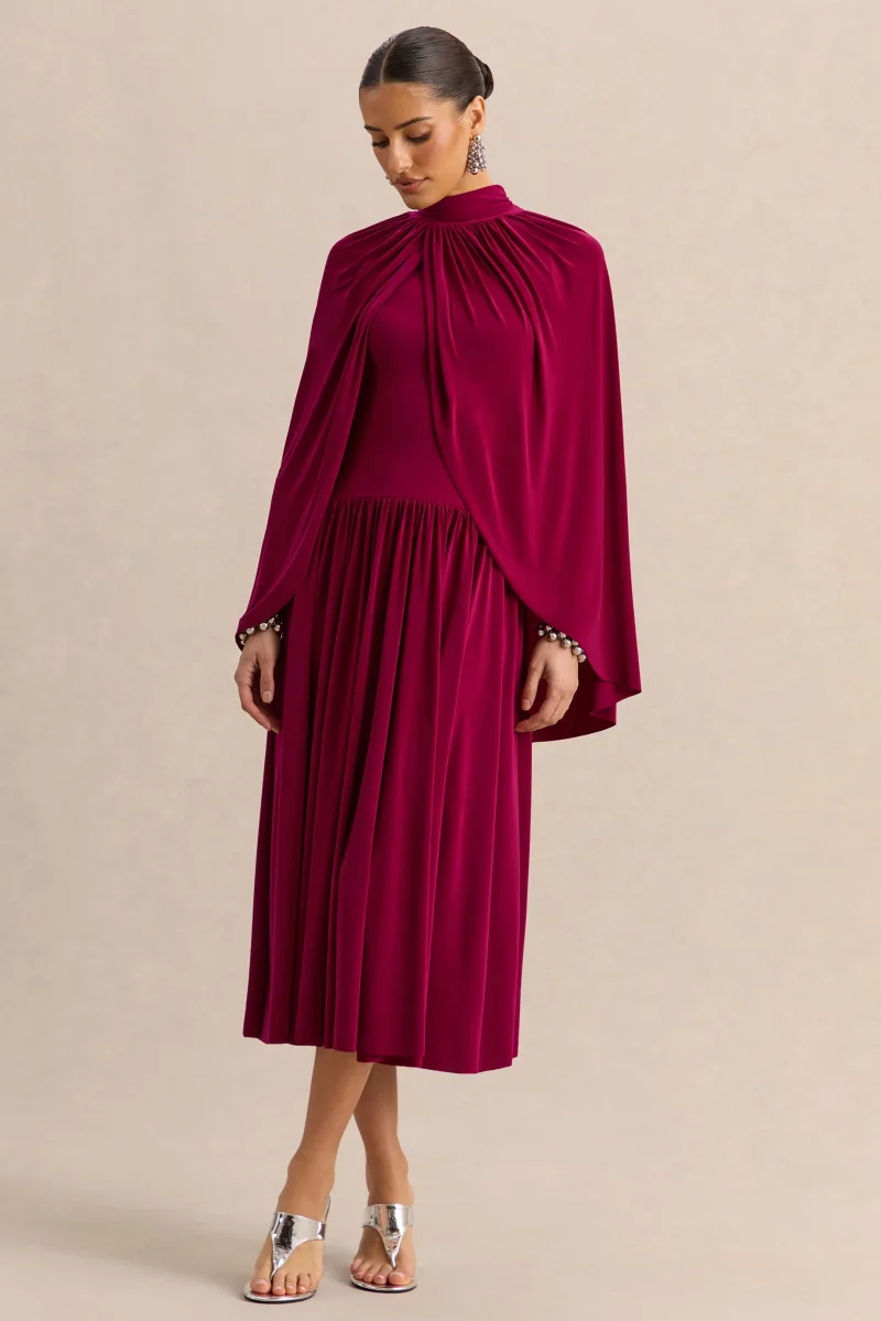 Honora | Vestido midi burdeos de escote alto con mangas tipo capa - Imagen 5