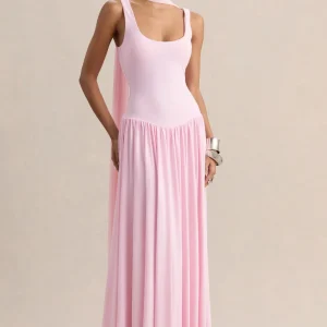 Aurina | Vestido Largo Rosa De Jersey Con Escote Cuadrado Y Detalle De Bufanda