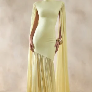 Chantelle | Vestido largo de cuello alto en amarillo limón con cintura caída y mangas tipo capa