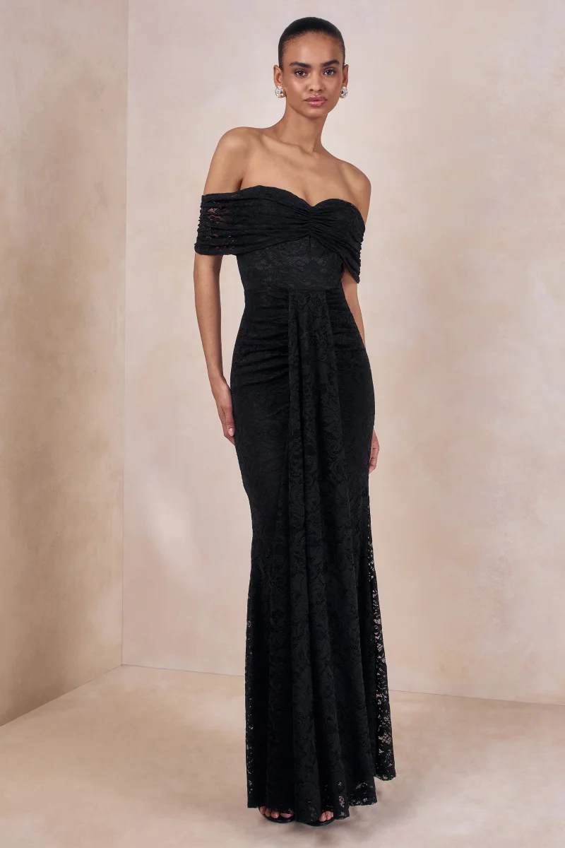 Aries | Vestido Largo de encaje negro con escote bardot y detalles fruncidos - Imagen 5