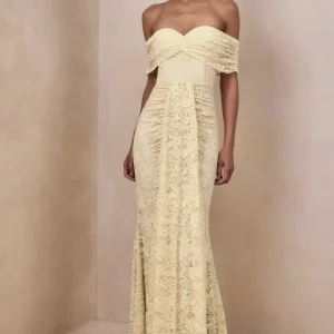 Aries | Vestido Largo de encaje limón con escote bardot y detalles fruncidos