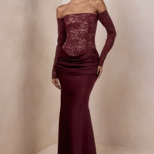 Rinna | Vestido Largo Burdeos de Encaje de Escote Bardot