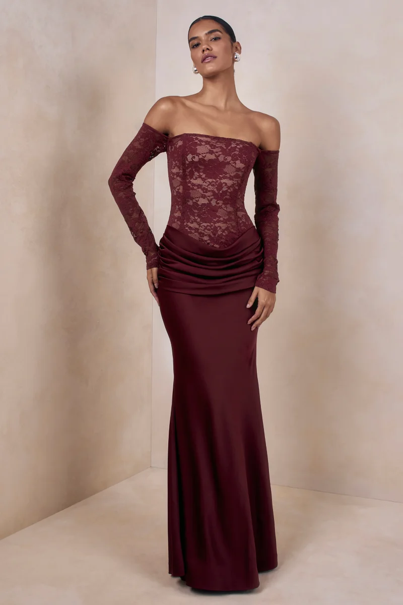 Rinna | Vestido Largo Burdeos de Encaje de Escote Bardot - Imagen 6