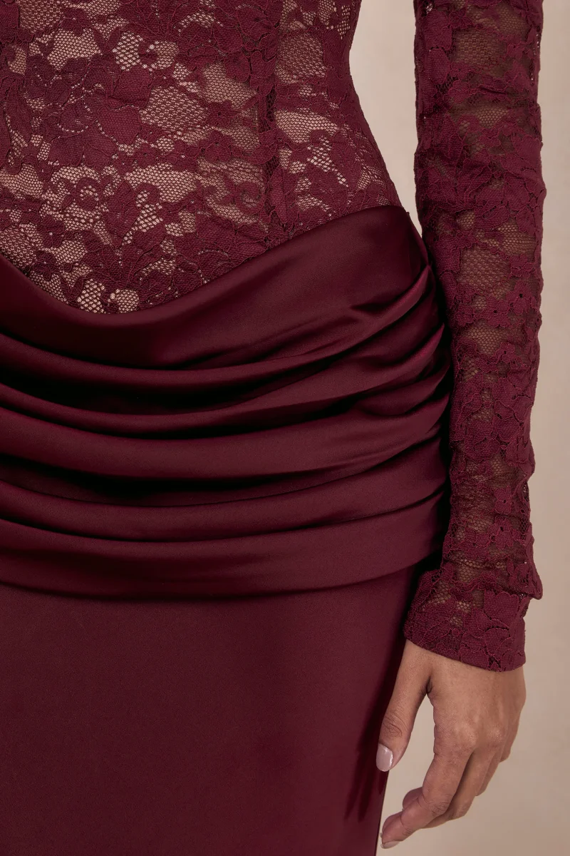 Rinna | Vestido Largo Burdeos de Encaje de Escote Bardot - Imagen 7
