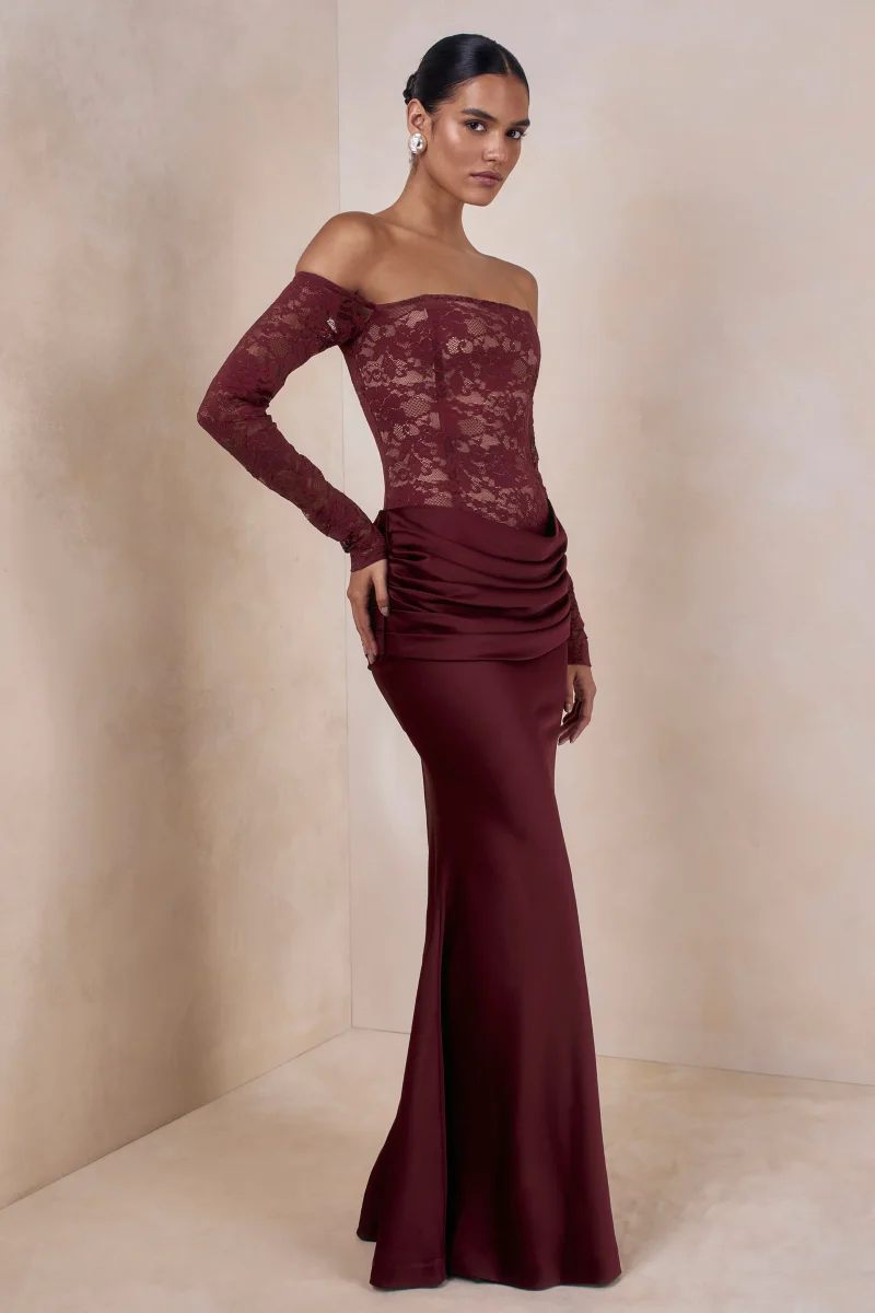 Rinna | Vestido Largo Burdeos de Encaje de Escote Bardot - Imagen 5