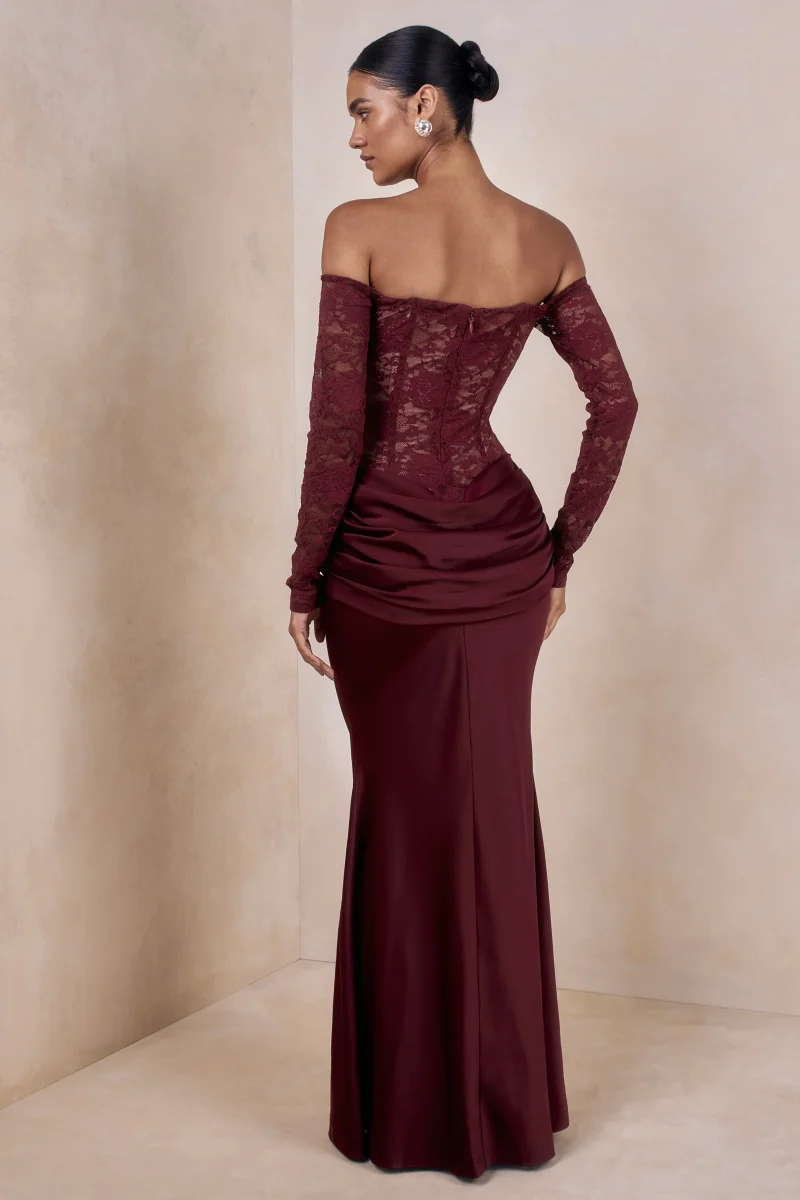 Rinna | Vestido Largo Burdeos de Encaje de Escote Bardot - Imagen 3