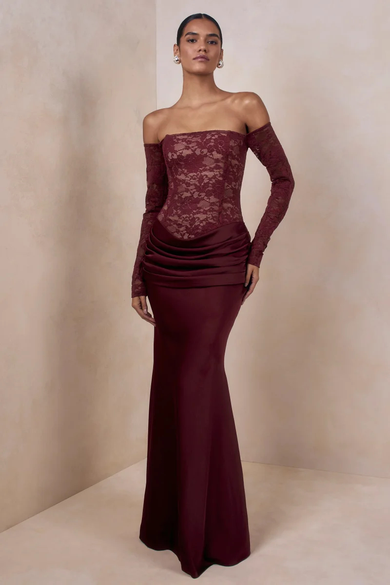 Rinna | Vestido Largo Burdeos de Encaje de Escote Bardot - Imagen 8