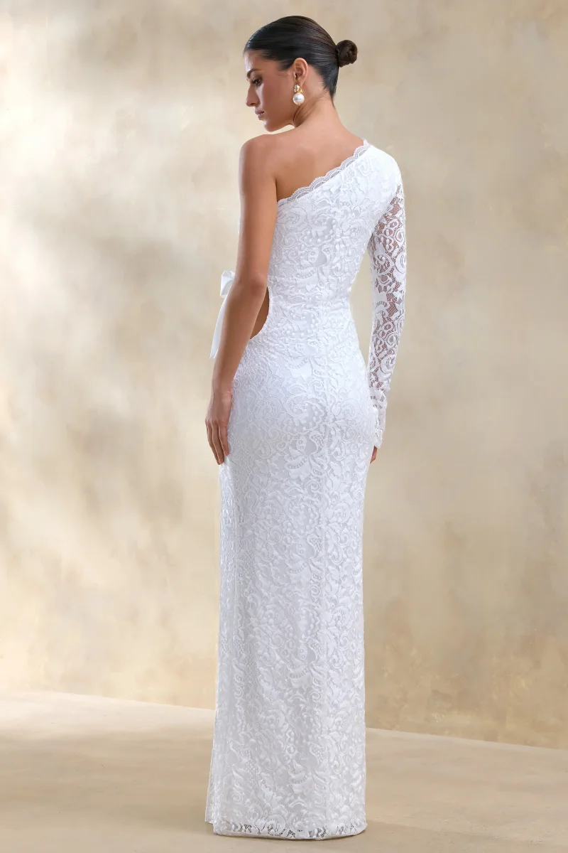 Norna | Vestido Largo de encaje blanco con escote asimétrico y detalles de corte y lazo - Imagen 4