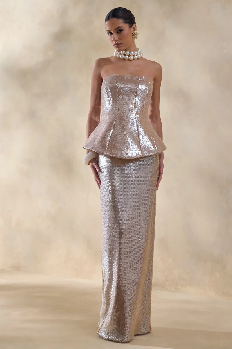Dalisse | Vestido Largo Nude De Lentejuelas Con Escote Bandeau Y Corsé