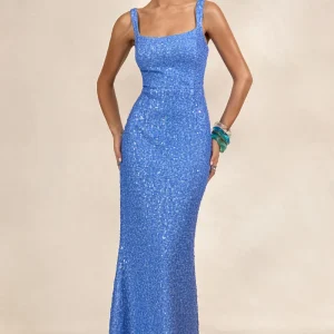 Lucelle | Vestido Largo Azul Polvos De Lentejuelas Con Escote Ovalado