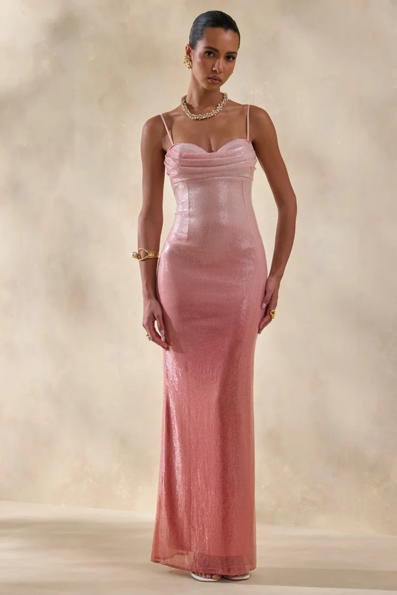 Feloria | Coral Degradado Lentejuelas Escote Drapeado Vestido Largo - Imagen 6