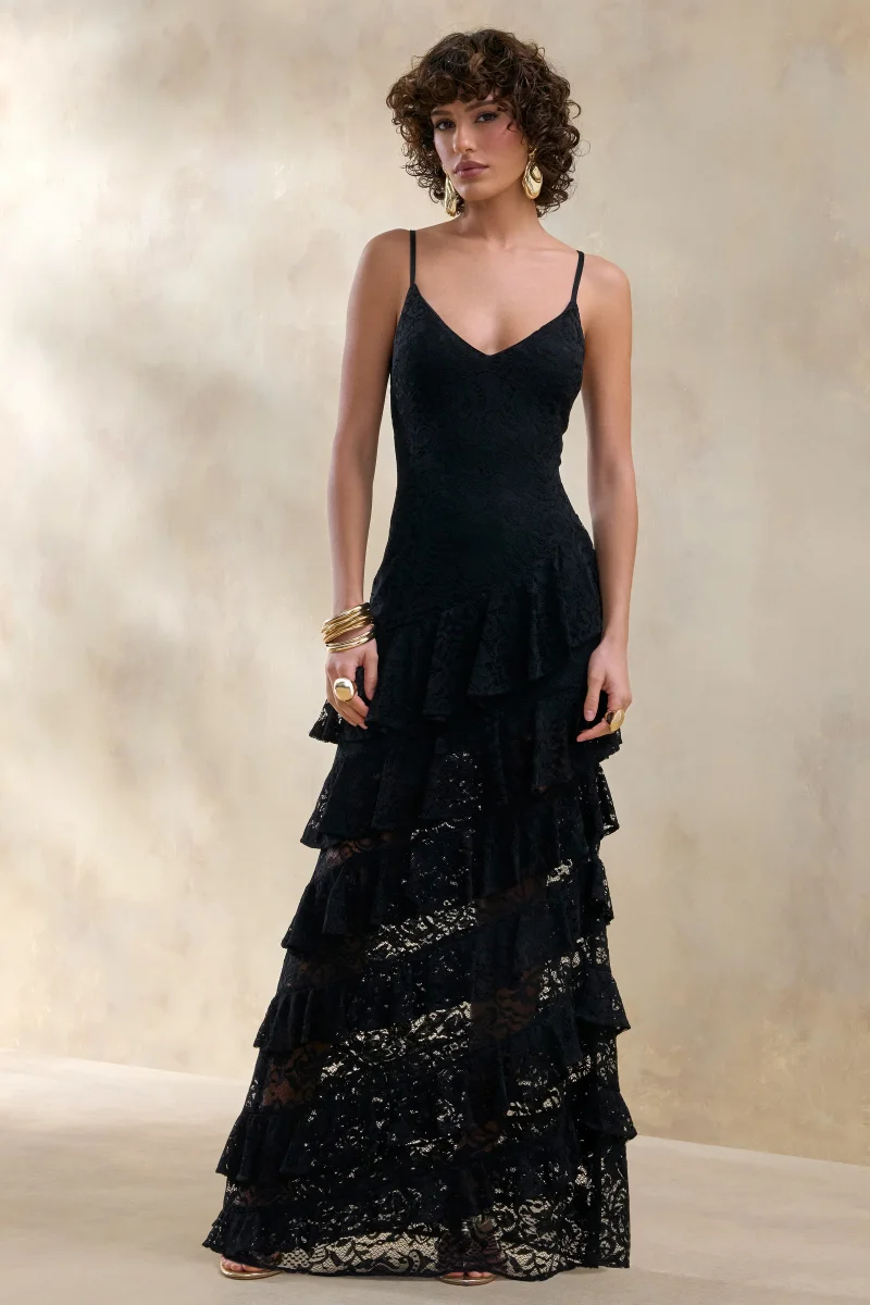 Avelisse | Vestido Largo Negro De Encaje Con Escote Pronunciado Y Falda Con Volantes - Imagen 2