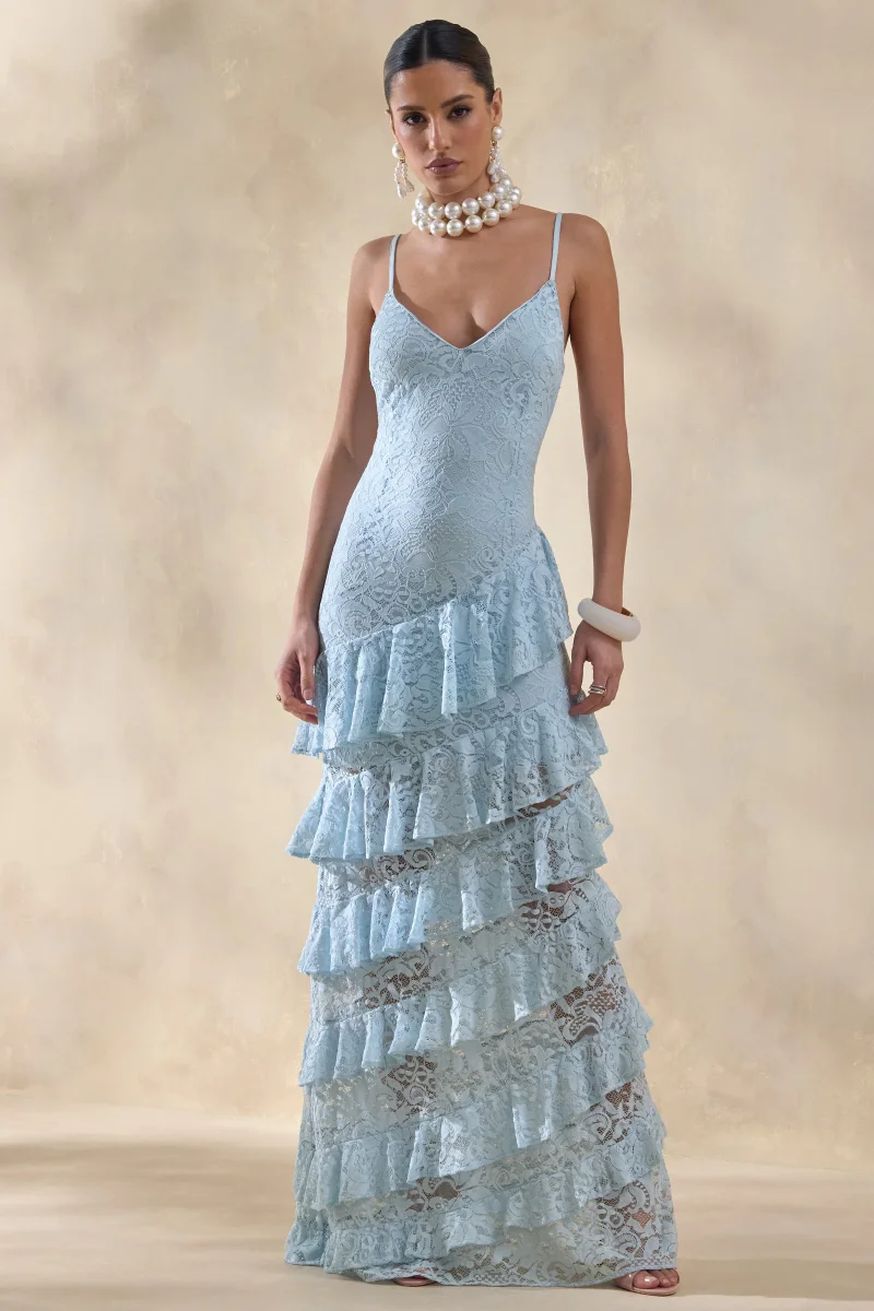 Avelisse | Vestido Largo Azul De Encaje Con Escote Pronunciado Y Falda Con Volantes En Capas - Imagen 2