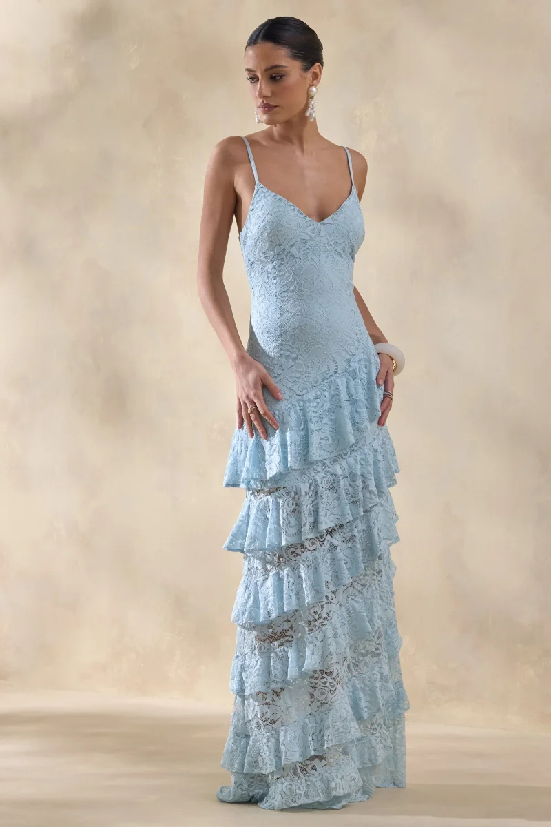 Avelisse | Vestido Largo Azul De Encaje Con Escote Pronunciado Y Falda Con Volantes En Capas - Imagen 4