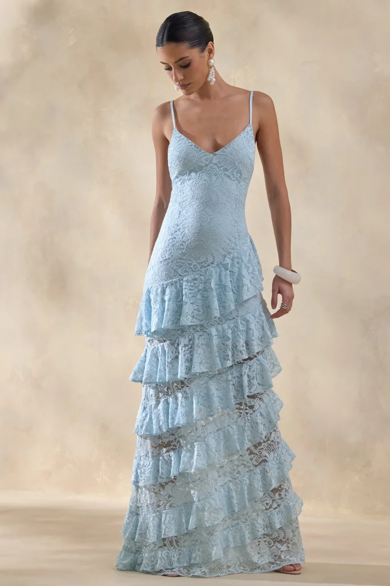 Avelisse | Vestido Largo Azul De Encaje Con Escote Pronunciado Y Falda Con Volantes En Capas - Imagen 6