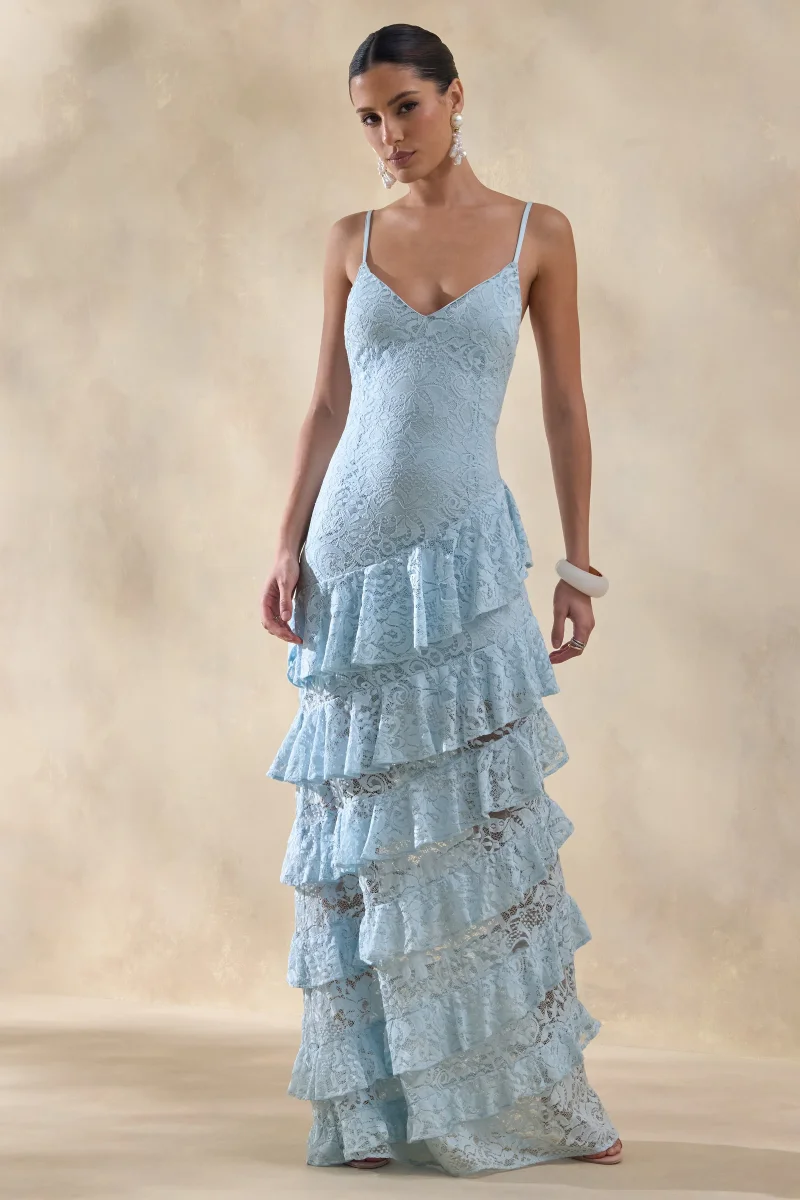 Avelisse | Vestido Largo Azul De Encaje Con Escote Pronunciado Y Falda Con Volantes En Capas - Imagen 7