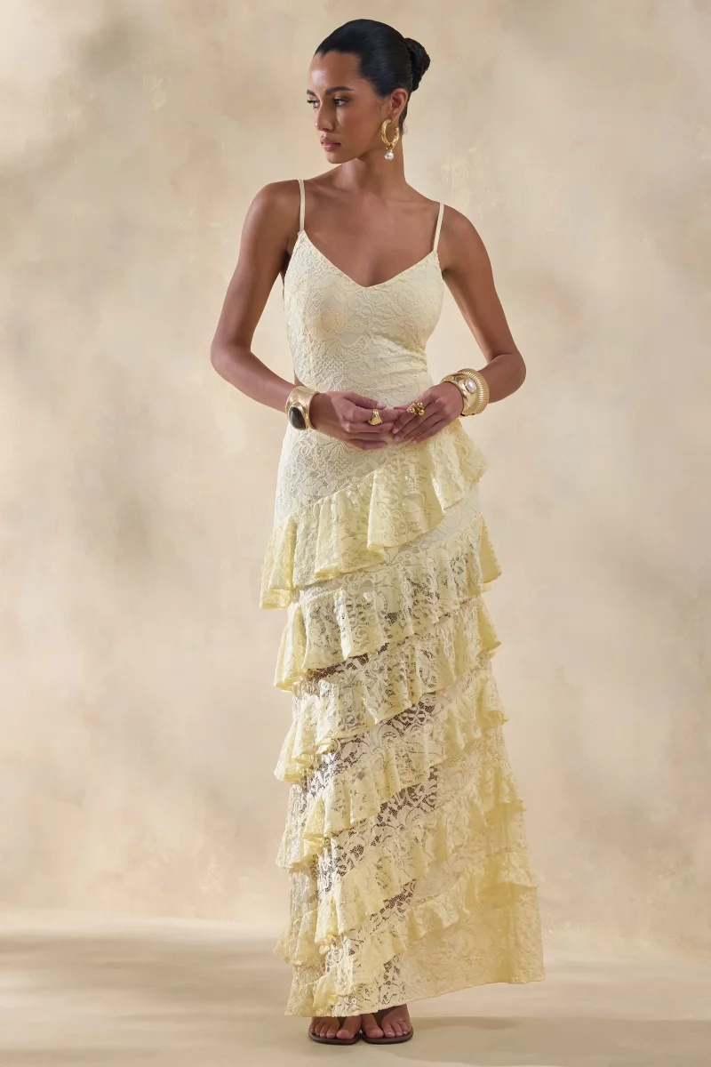 Avelisse | Vestido Largo Limón De Encaje Con Escote Pronunciado Y Falda Con Volantes En Capas - Imagen 6