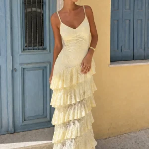 Avelisse | Vestido Largo Limón De Encaje Con Escote Pronunciado Y Falda Con Volantes En Capas