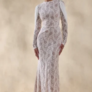 Nabina | Vestido Largo Blanco De Encaje Con Escote Redondo Y Espalda Drapada