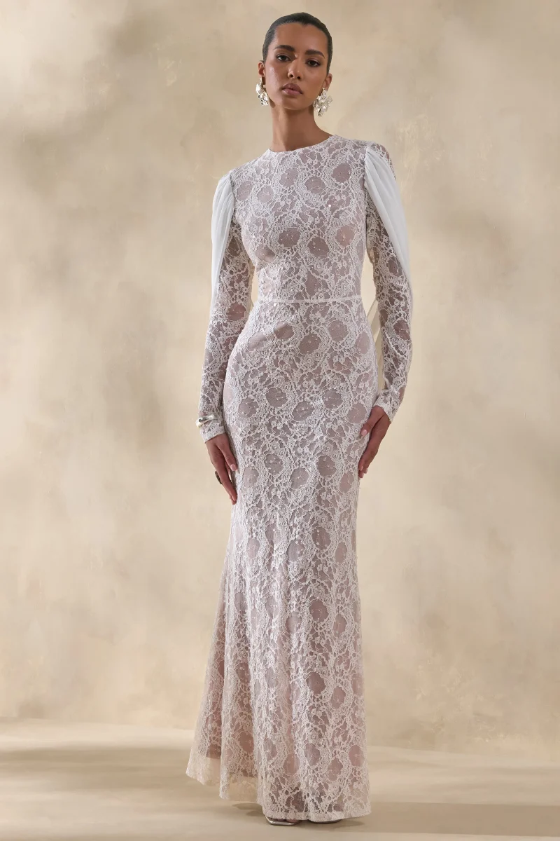 Nabina | Vestido Largo Blanco De Encaje Con Escote Redondo Y Espalda Drapada