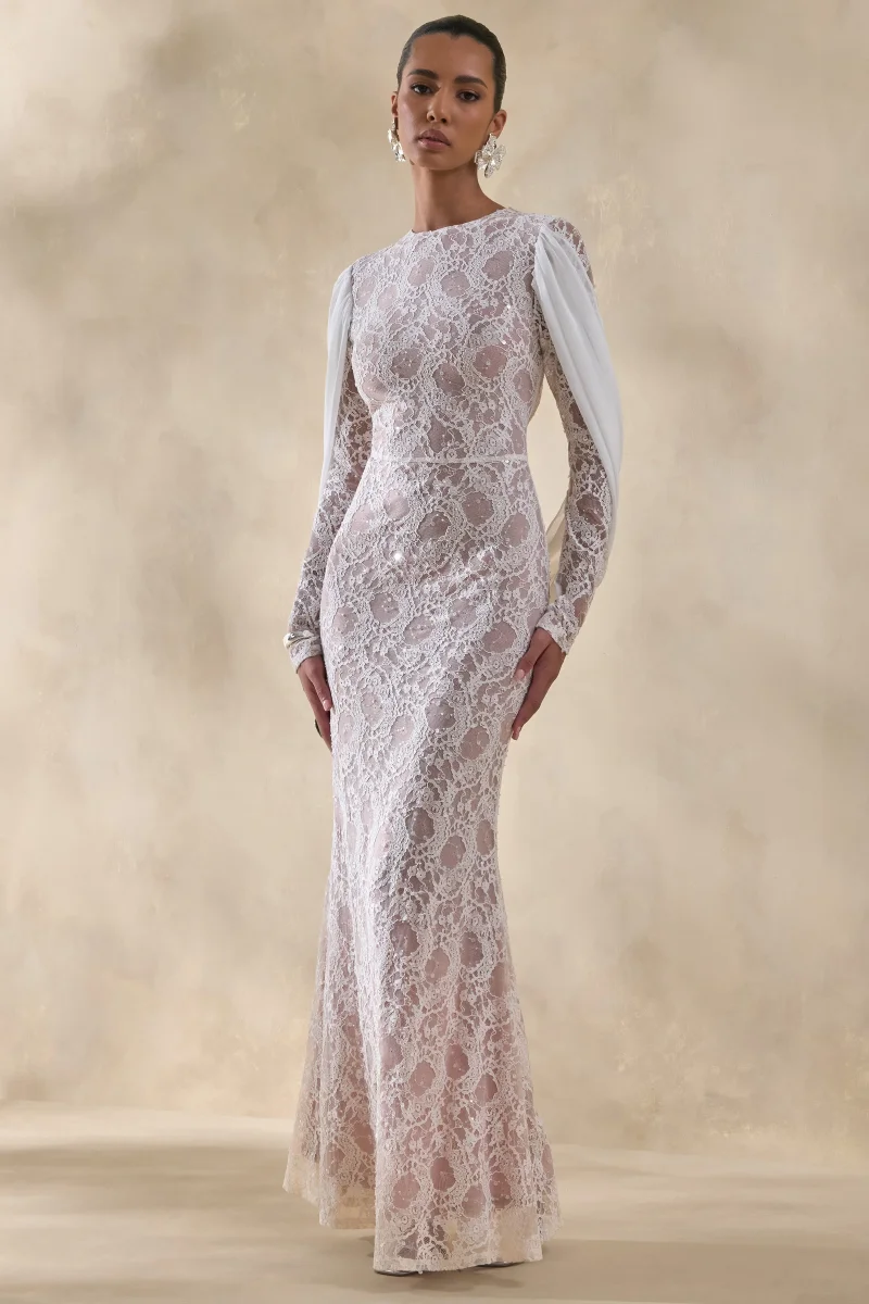Nabina | Vestido Largo Blanco De Encaje Con Escote Redondo Y Espalda Drapada - Imagen 5