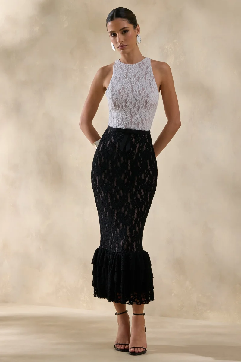 Vionna | Vestido Midi De Encaje Blanco y Negro Con Escote Alto Y Detalle De Cinturón Con Lazo - Imagen 5