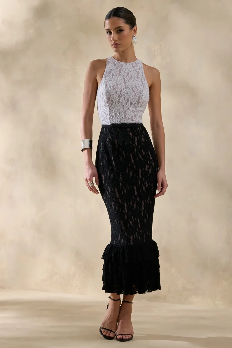 Vionna | Vestido Midi De Encaje Blanco y Negro Con Escote Alto Y Detalle De Cinturón Con Lazo - Imagen 2