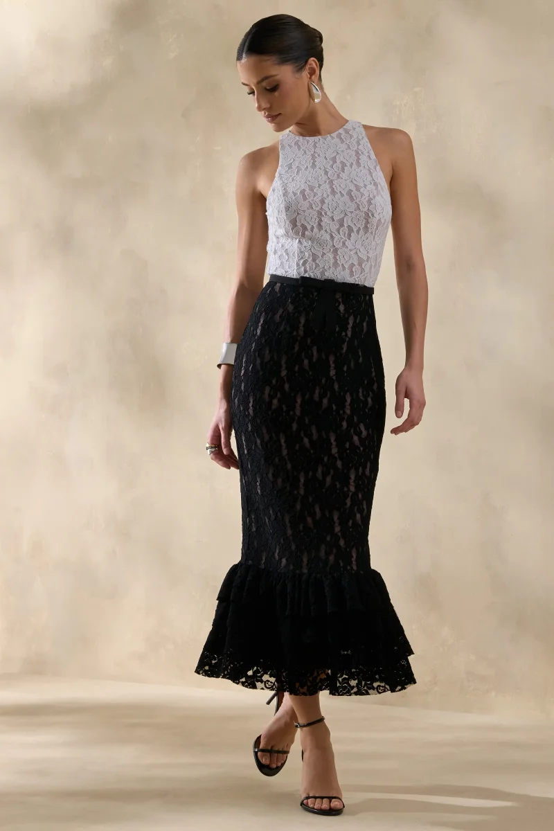 Vionna | Vestido Midi De Encaje Blanco y Negro Con Escote Alto Y Detalle De Cinturón Con Lazo - Imagen 6