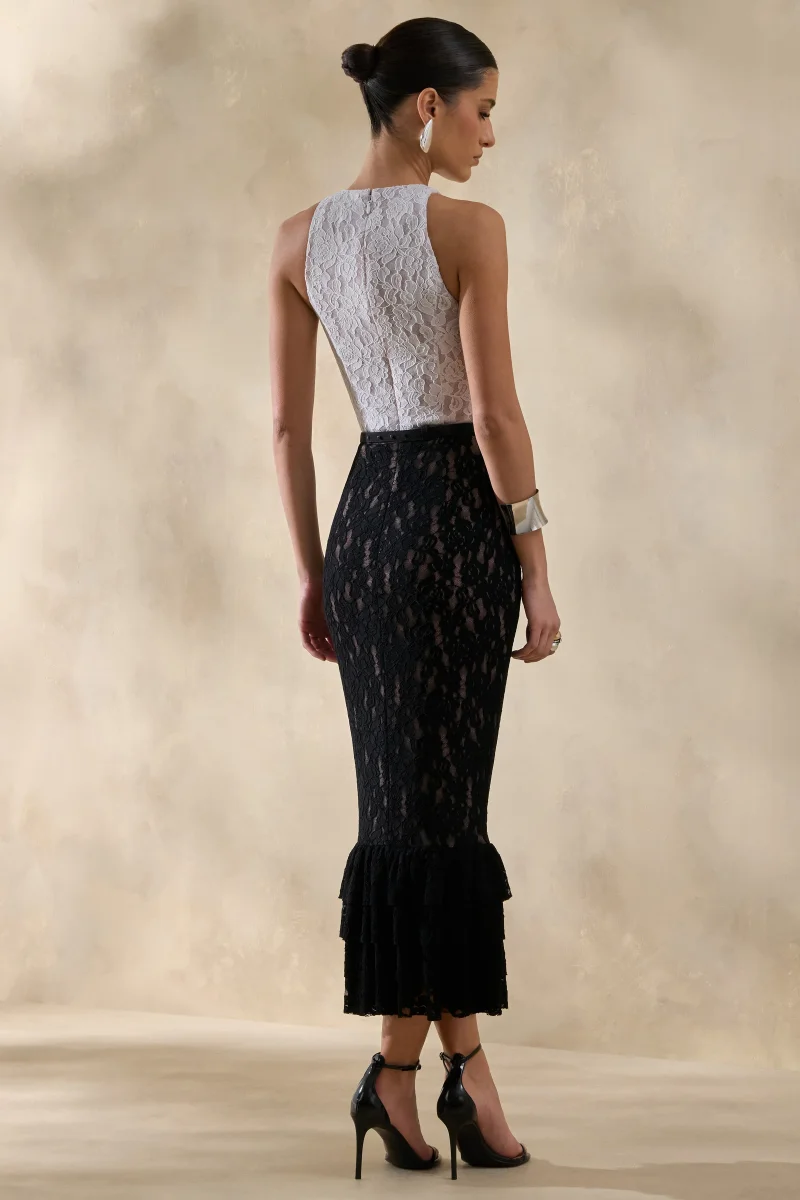 Vionna | Vestido Midi De Encaje Blanco y Negro Con Escote Alto Y Detalle De Cinturón Con Lazo - Imagen 3