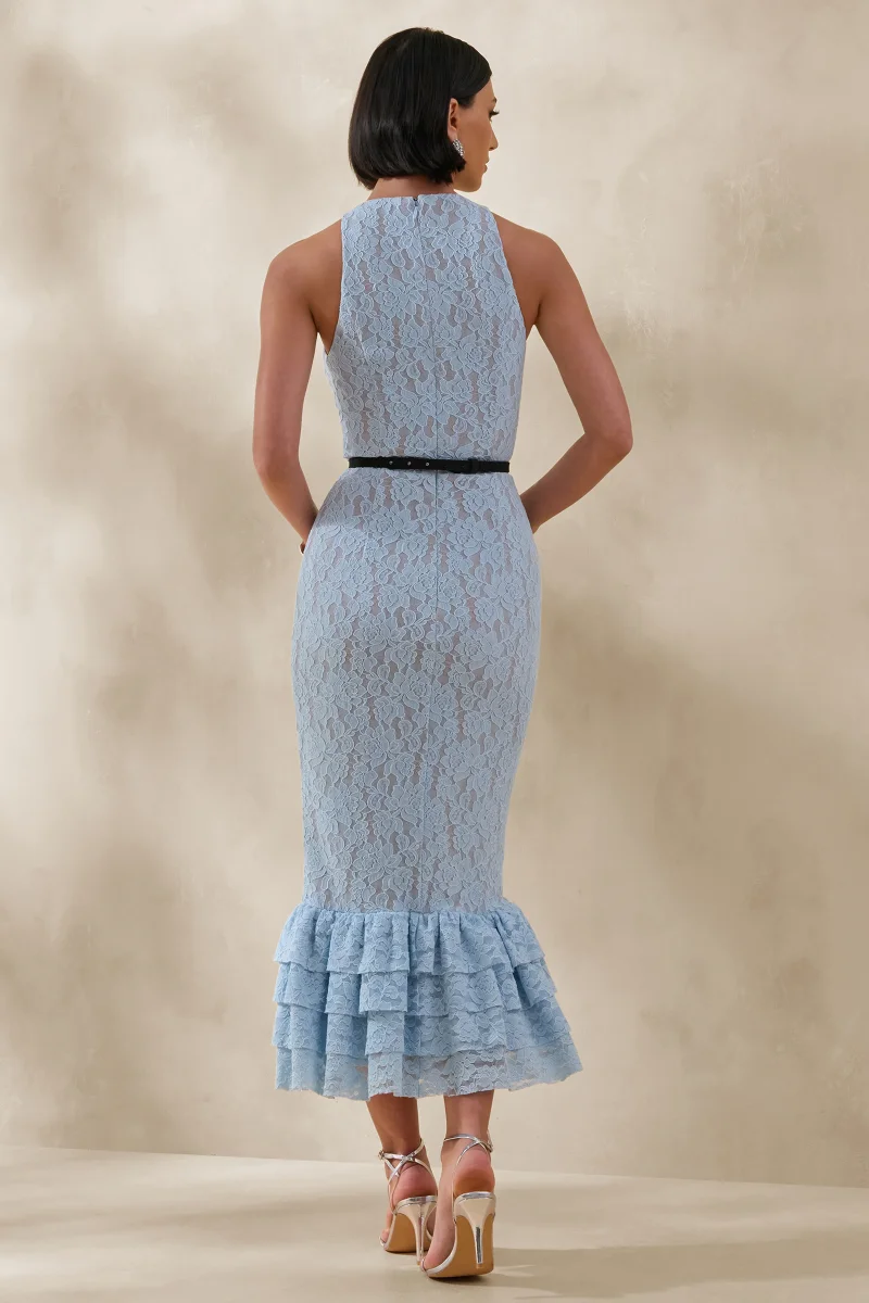 Vionna | Vestido Midi De Encaje Azul Con Escote Alto Y Detalle De Cinturón Con Lazo - Imagen 3