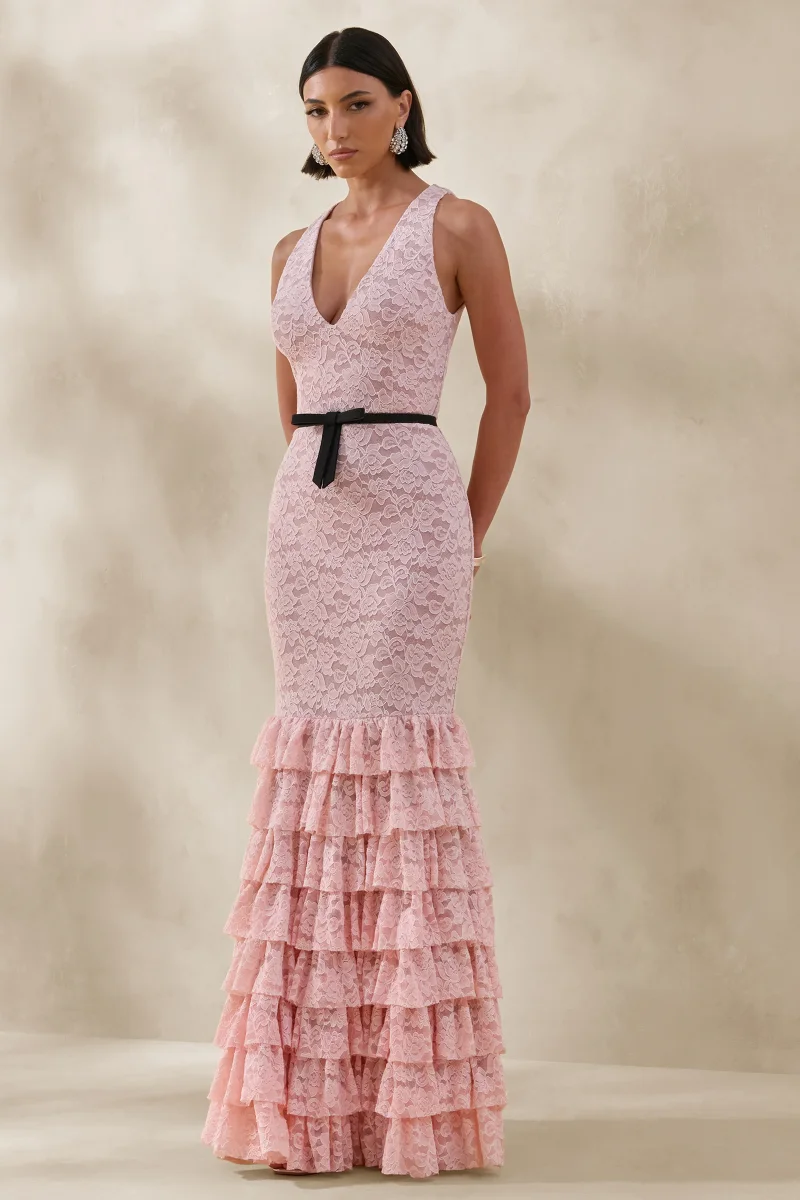 Isoria | Vestido LArgo De Encaje Rosa y Negro Con Escote Halter y Cinturón Con Lazo Ajustable - Imagen 5
