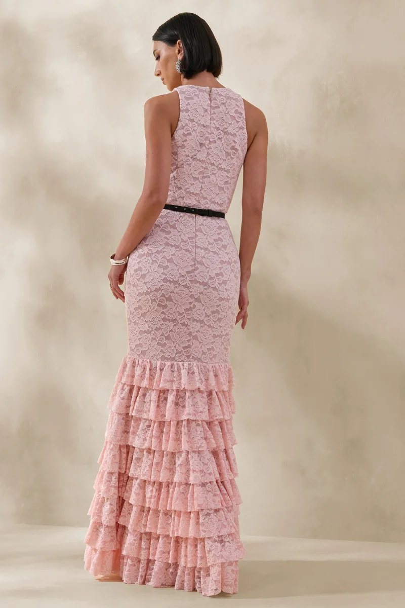 Isoria | Vestido LArgo De Encaje Rosa y Negro Con Escote Halter y Cinturón Con Lazo Ajustable - Imagen 3