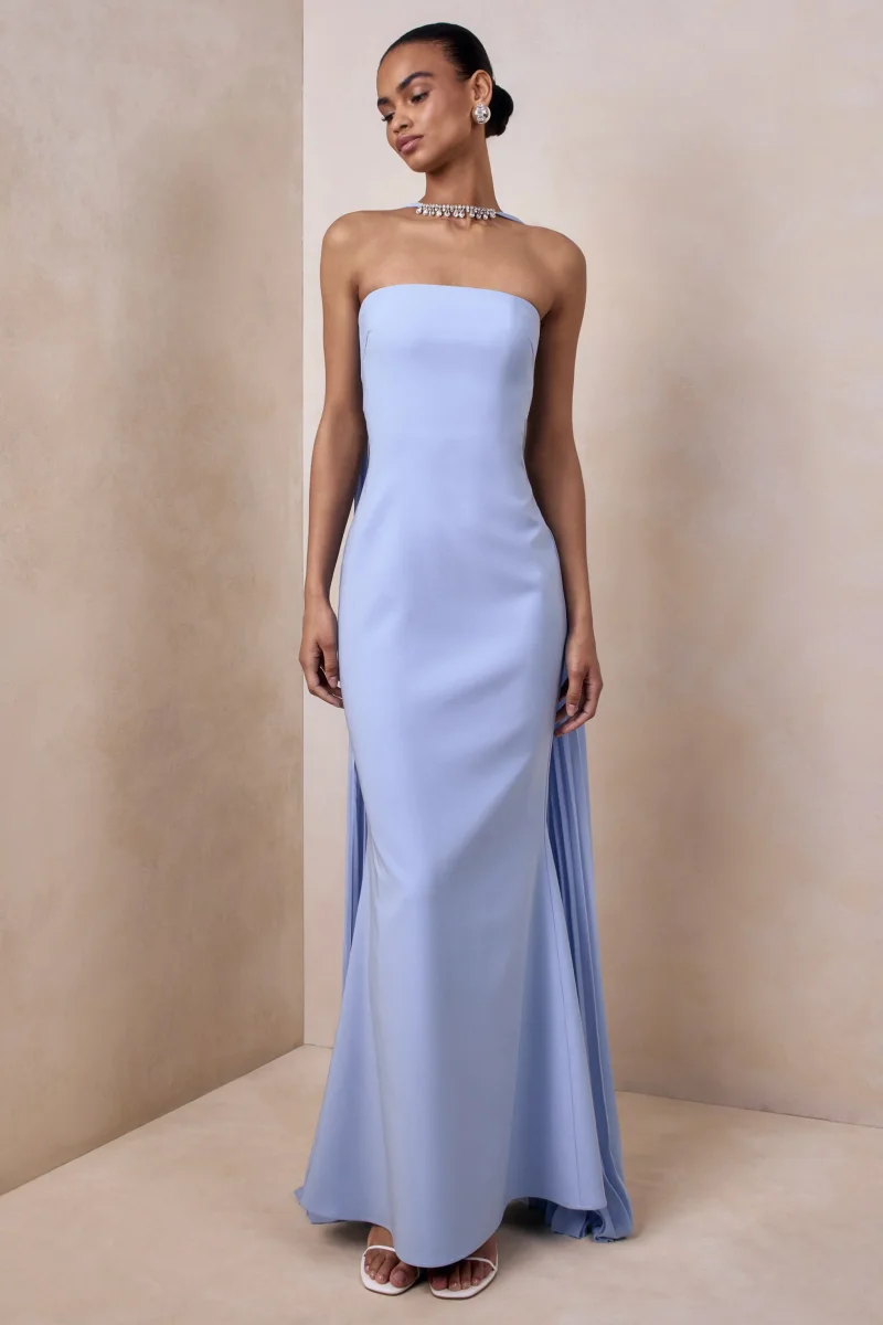 Avery | Vestido largo azul claro tipo bandeau con bufanda decorativa - Imagen 4