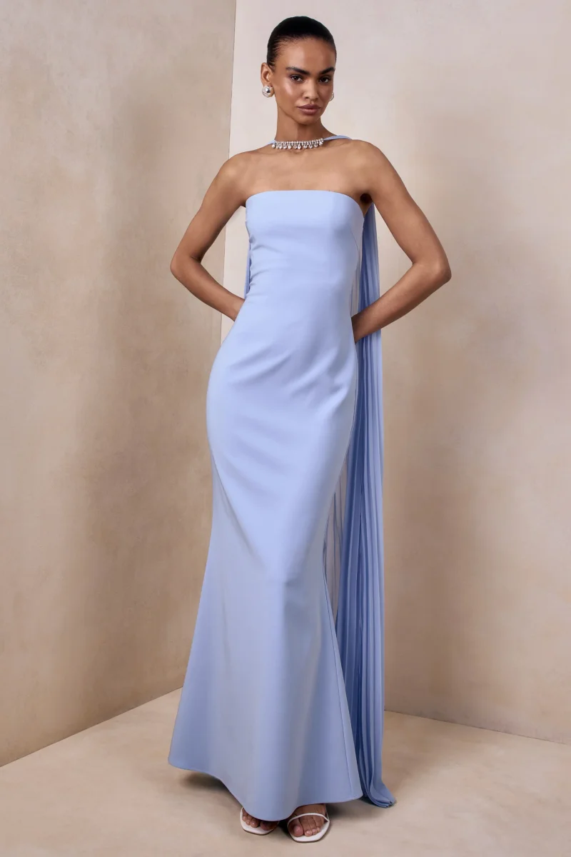 Avery | Vestido largo azul claro tipo bandeau con bufanda decorativa - Imagen 5