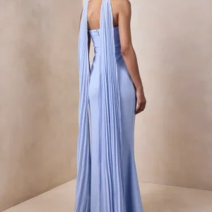Avery | Vestido largo azul claro tipo bandeau con bufanda decorativa