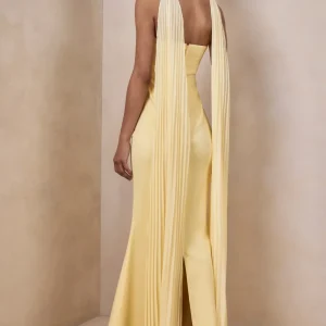 Avery | Vestido largo limón con escote bandeau y bufanda con adornos