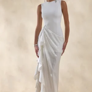 Ada | Vestido Largo Blanco De Jersey Con Detalles De Volantes Y Abertura Lateral