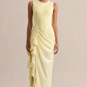 Ada | Vestido Largo Limón Con Escote Redondo, Falda Translúcida Y Detalle De Volantes