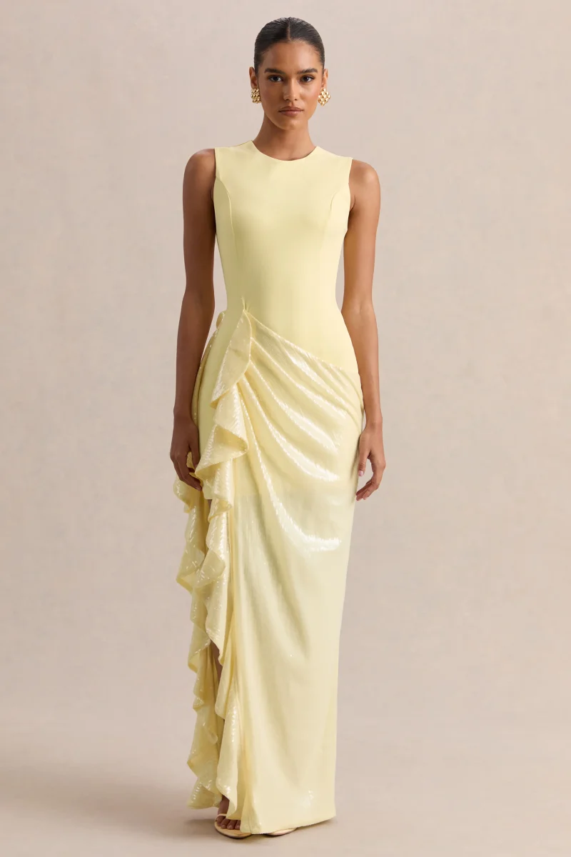 Ada | Vestido Largo Limón Con Escote Redondo, Falda Translúcida Y Detalle De Volantes