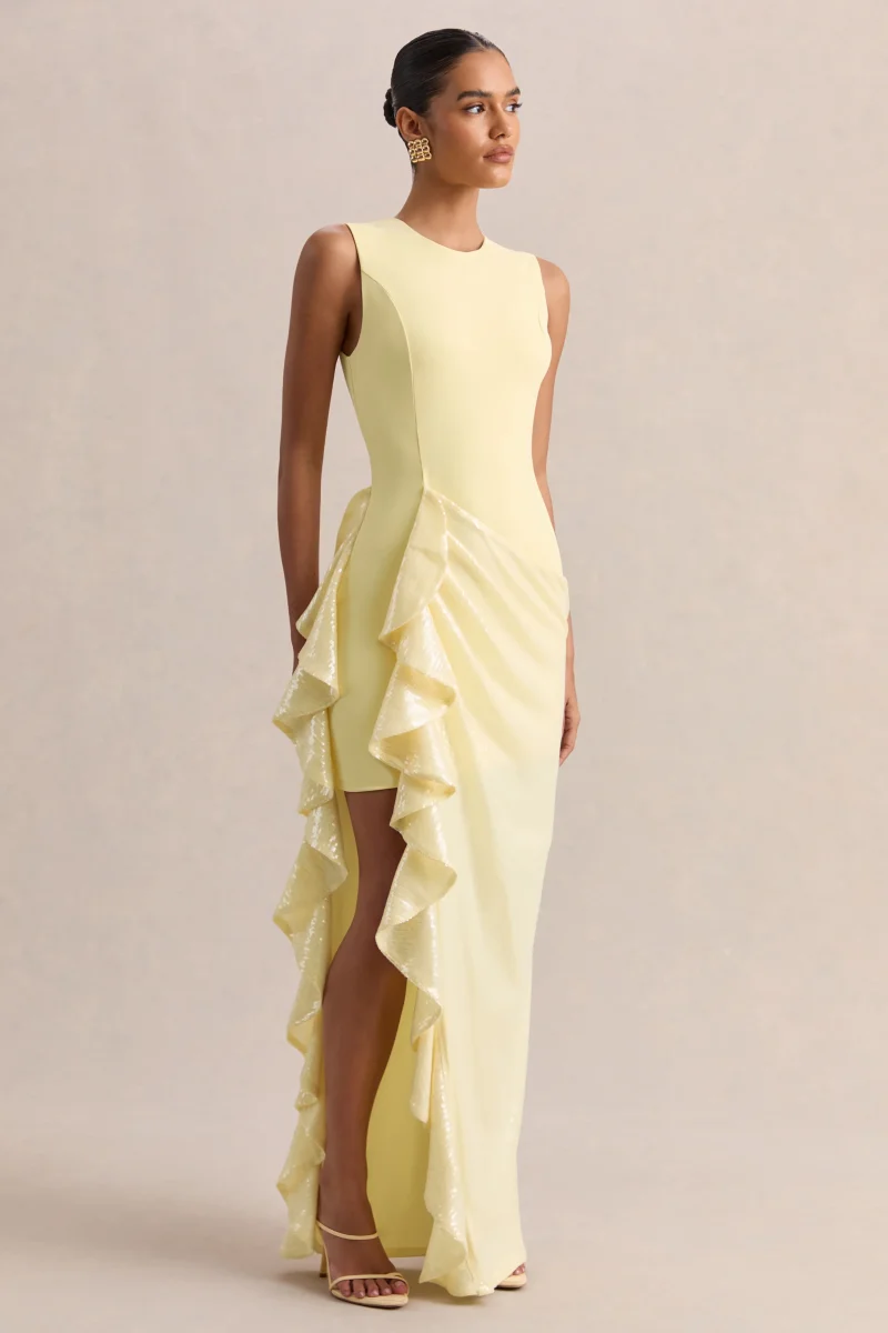 Ada | Vestido Largo Limón Con Escote Redondo, Falda Translúcida Y Detalle De Volantes - Imagen 5